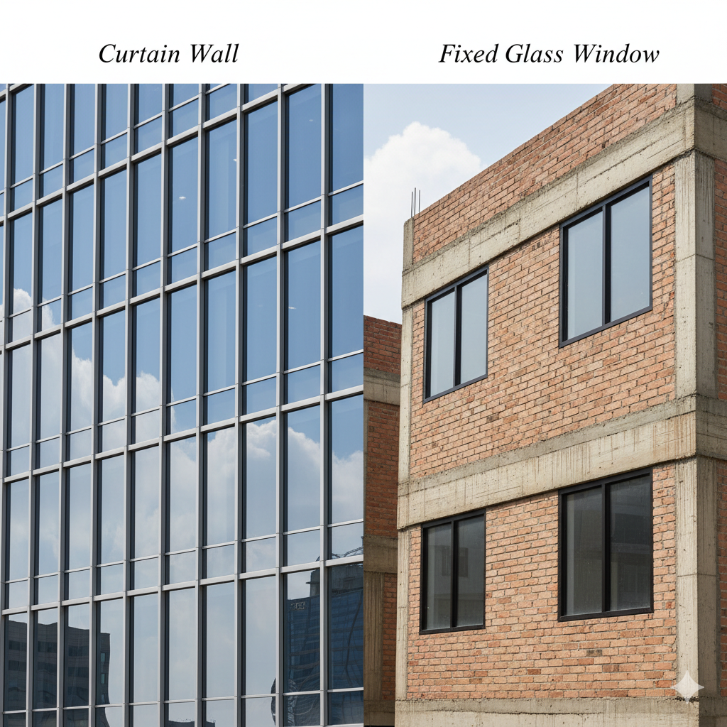 Perbedaan curtain wall dan kaca mati pada fasad bangunan modern, menampilkan curtain wall kaca aluminium dan kaca mati fixed glass