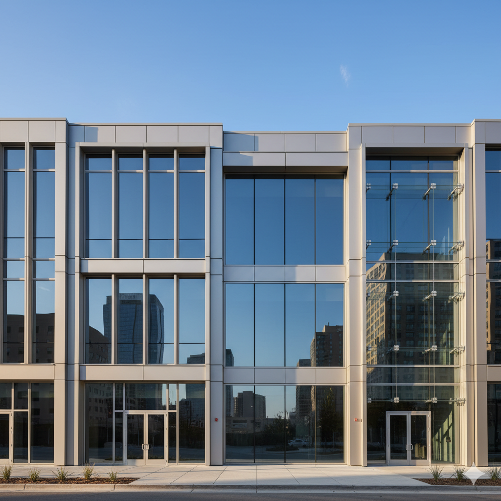 Jenis jenis curtain wall pada fasad bangunan modern dengan kaca dan rangka aluminium